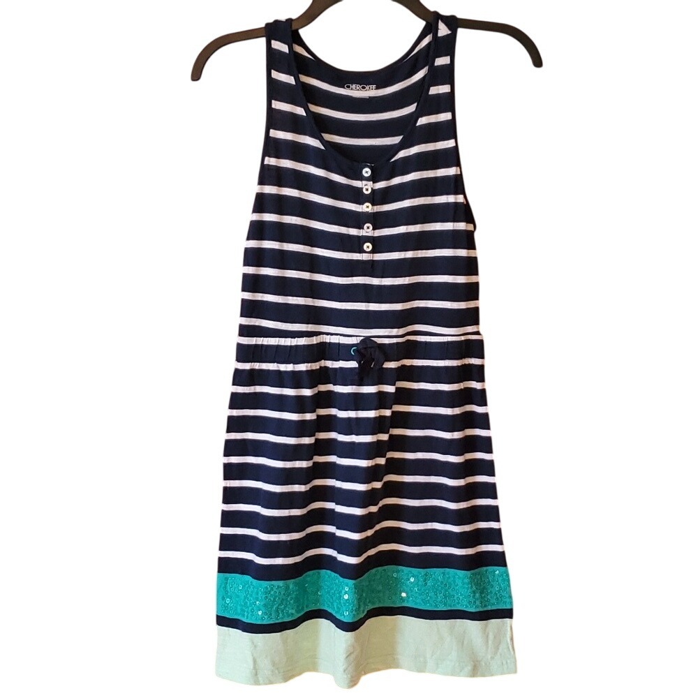Cherokee Girls XL 14-16 Sleeveless Navy Striped Tank Dress